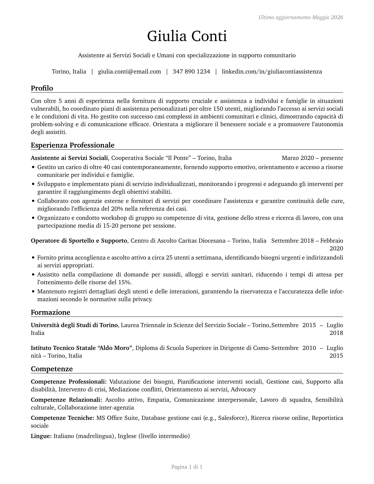 Social and Human Service Assistants CV in Italian — page 1