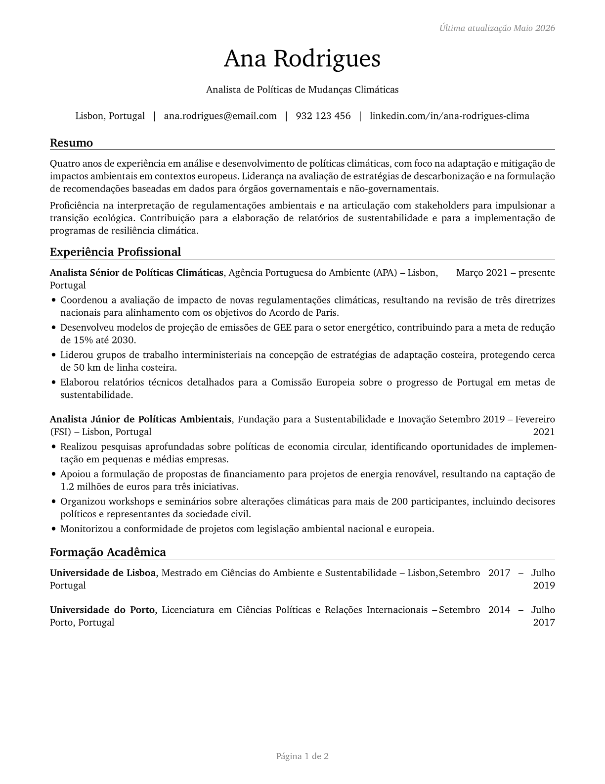 Climate Change Policy Analysts CV in Portuguese — page 1