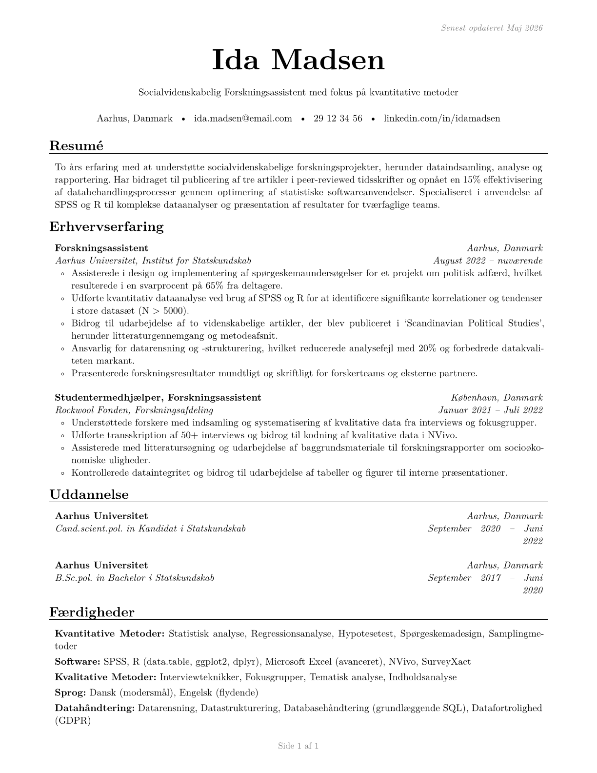 Social Science Research Assistants CV in Danish — page 1