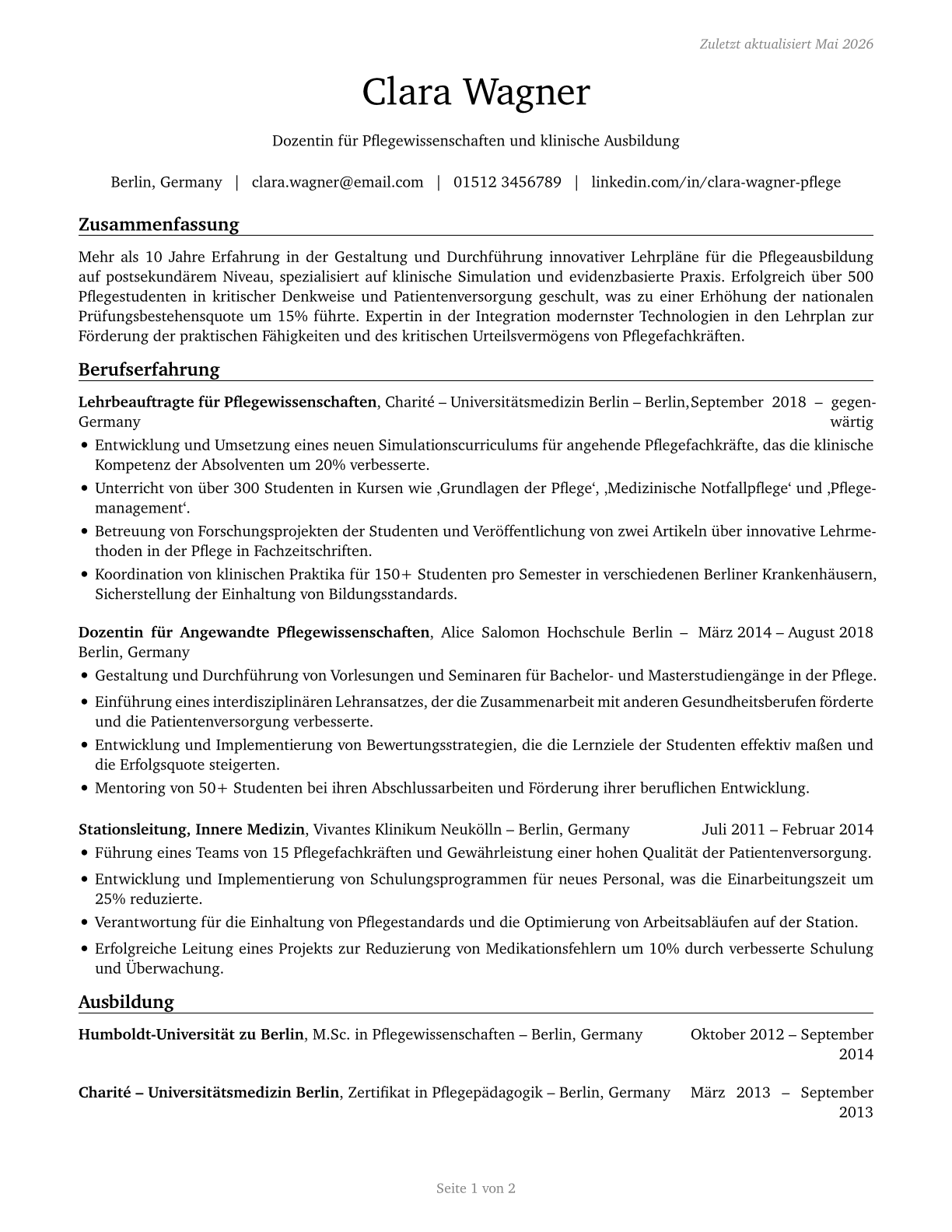 Nursing Instructors and Teachers, Postsecondary CV in German — page 1