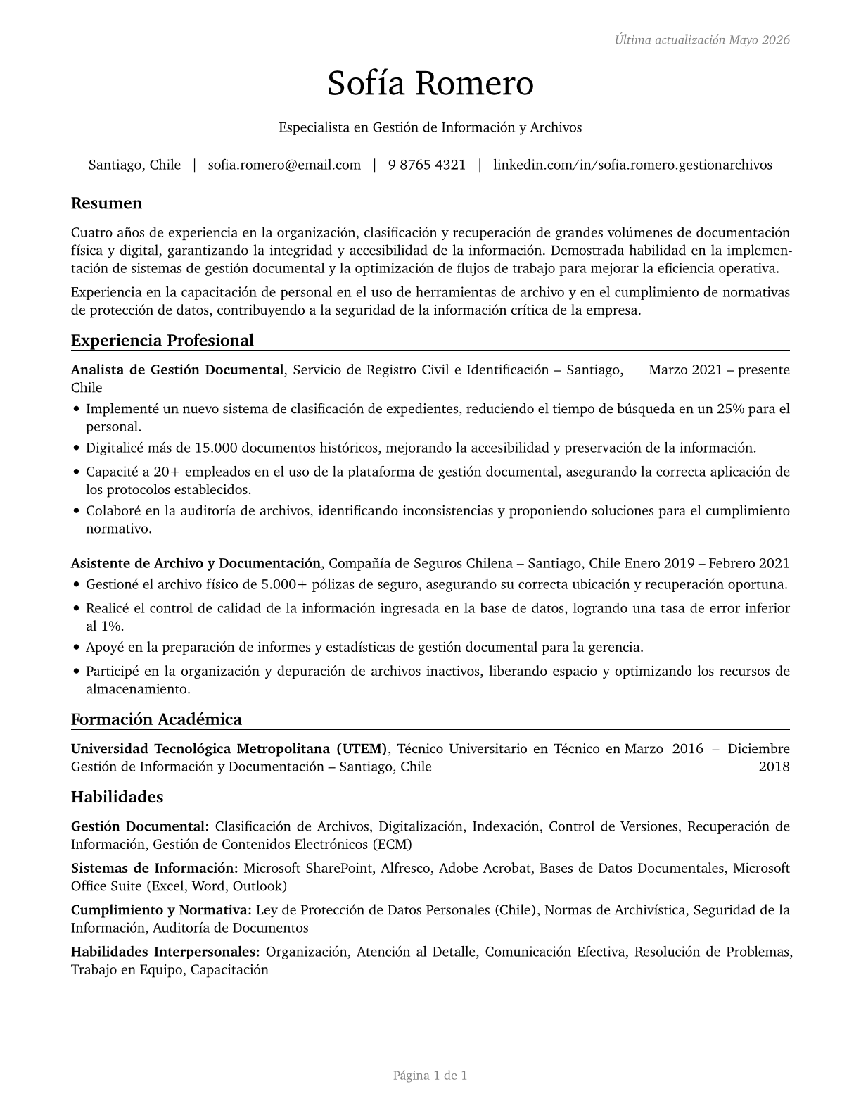 Information and Record Clerks, All Other CV in Spanish — page 1