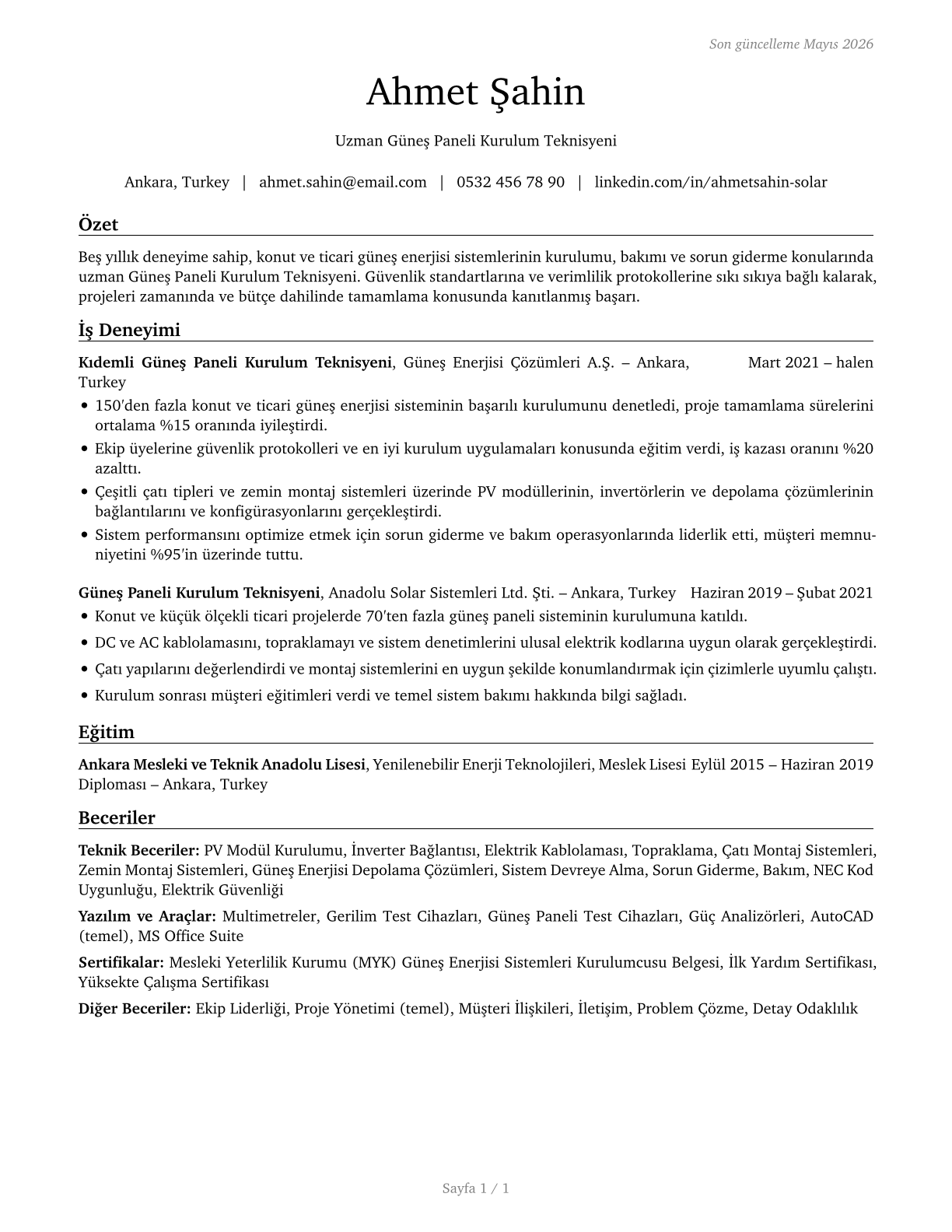 Solar Photovoltaic Installers CV in Turkish — page 1