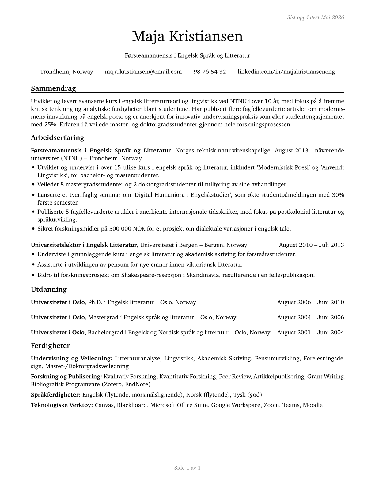 English Language and Literature Teachers, Postsecondary CV in Norwegian_bokmal — page 1