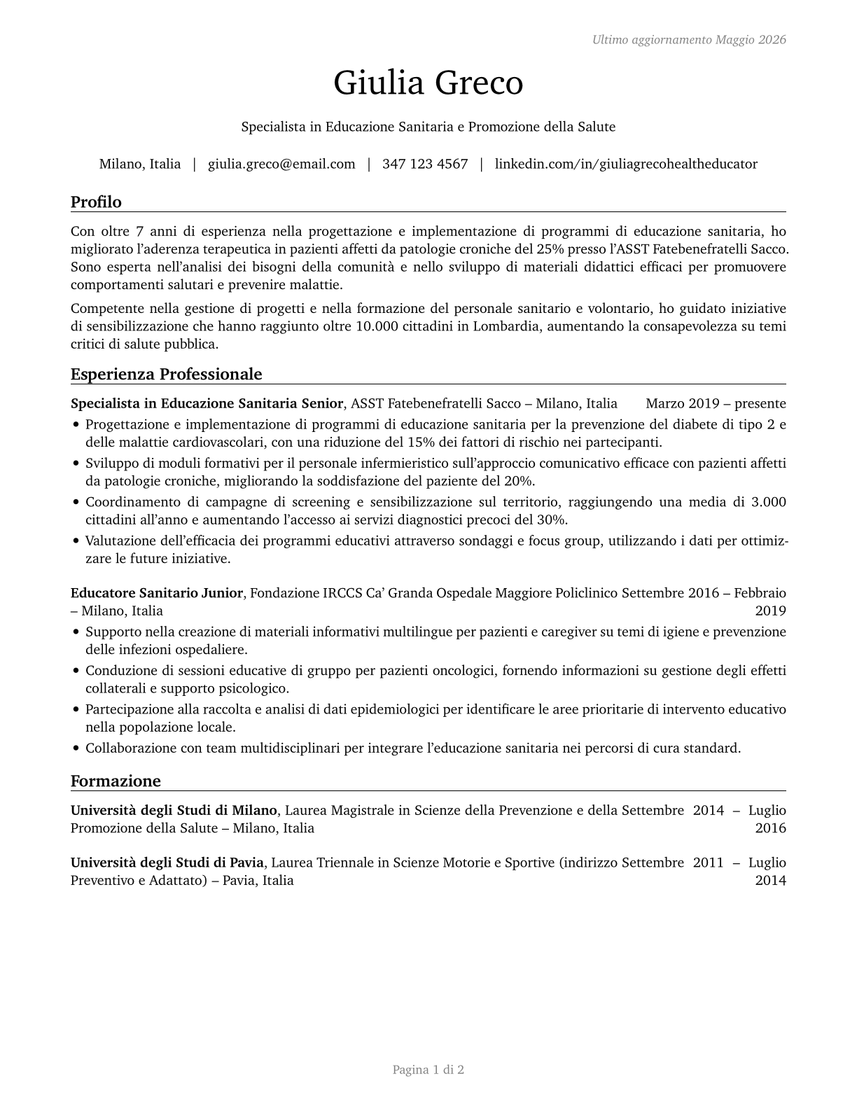 Health Education Specialists CV in Italian — page 1