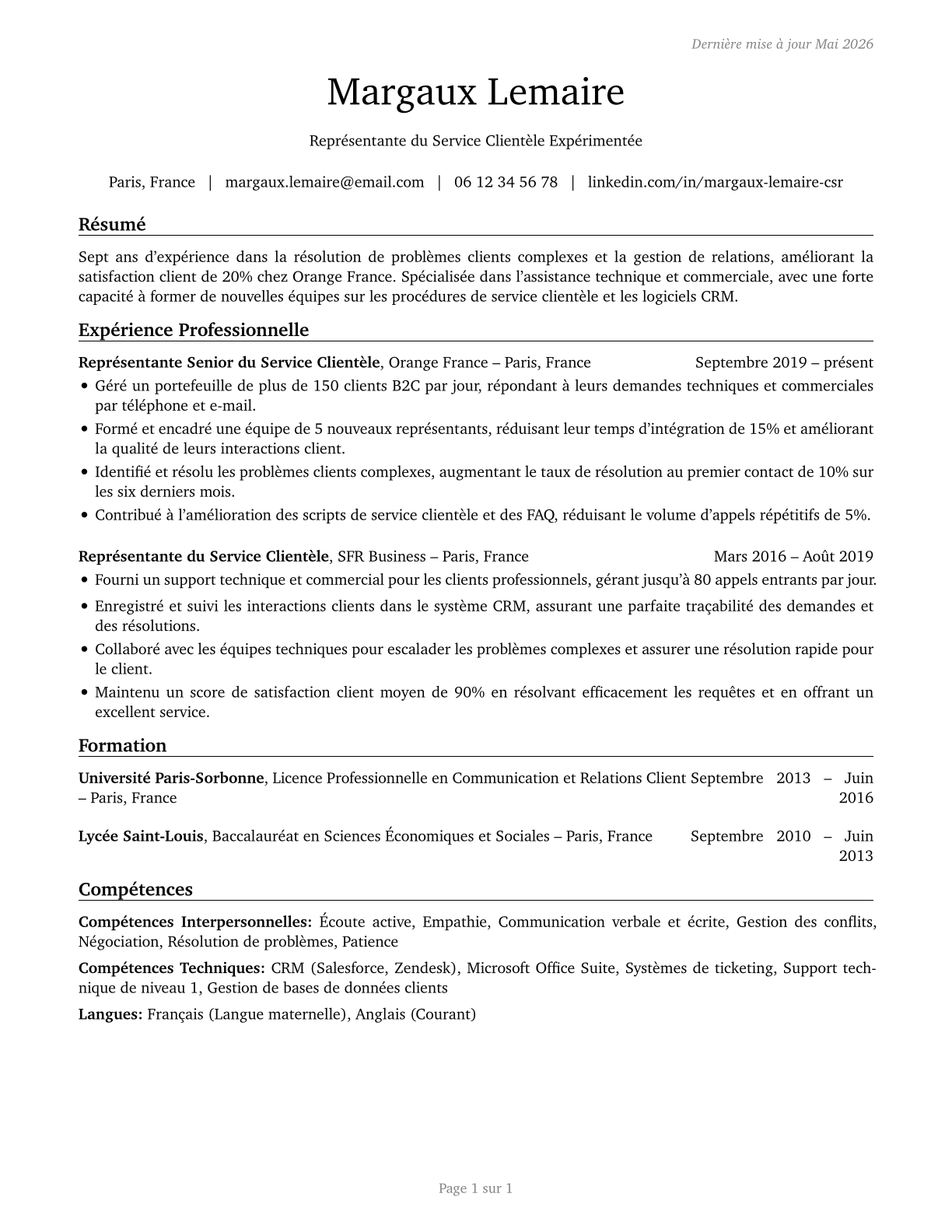 Customer Service Representatives CV in French — page 1