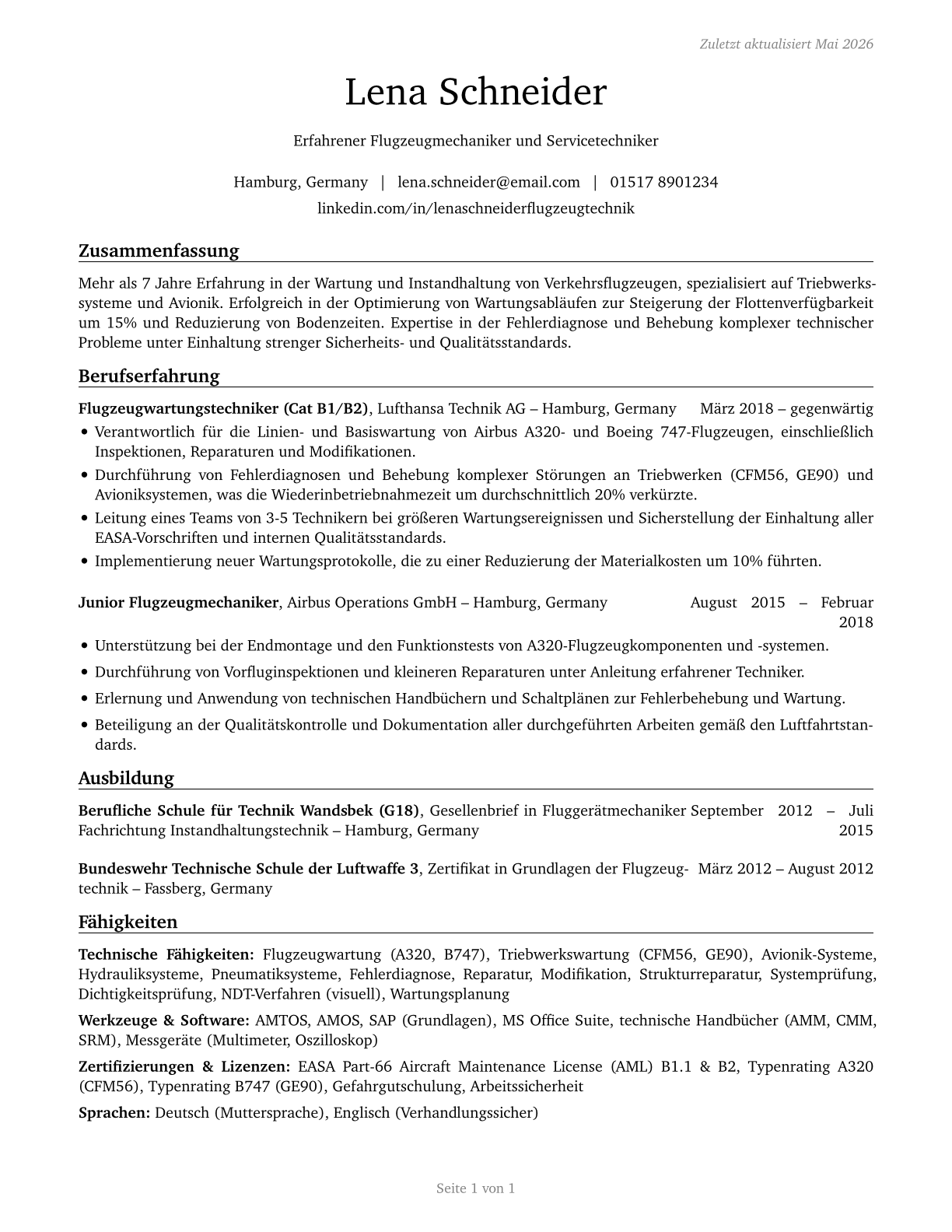 Aircraft Mechanics and Service Technicians CV in German — page 1