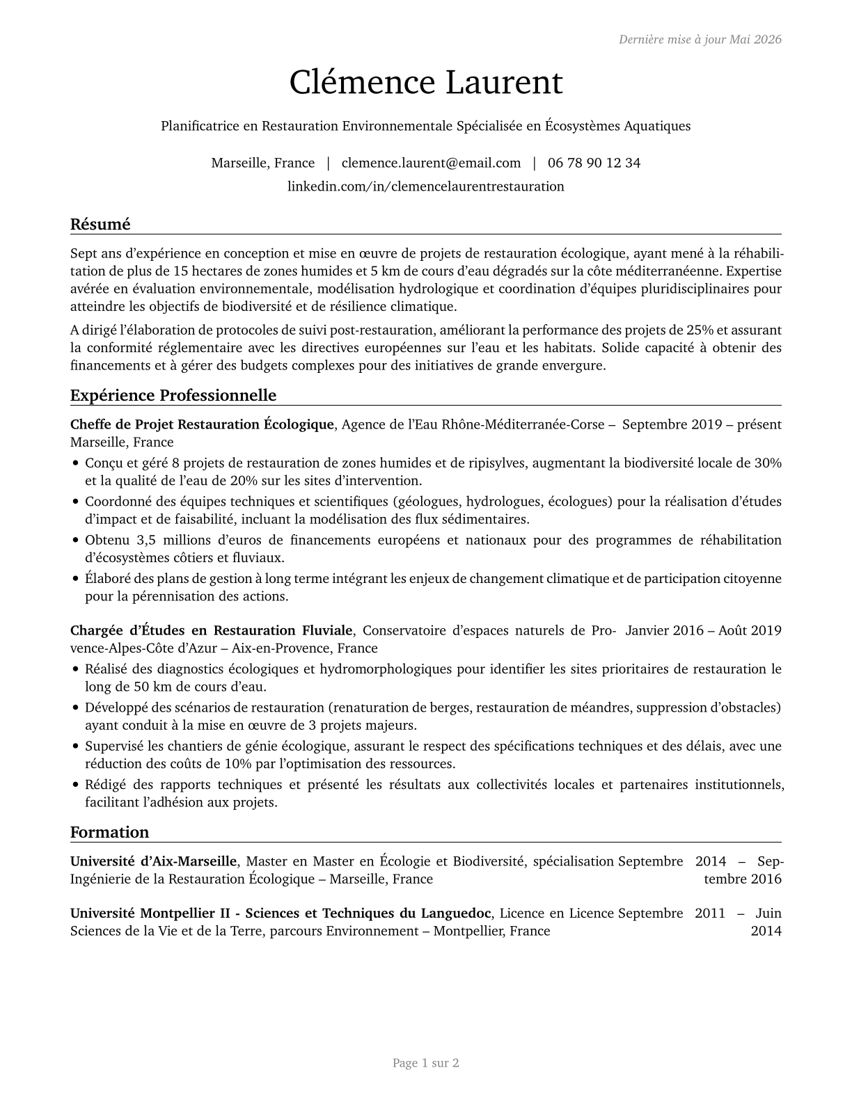 Environmental Restoration Planners CV in French — page 1