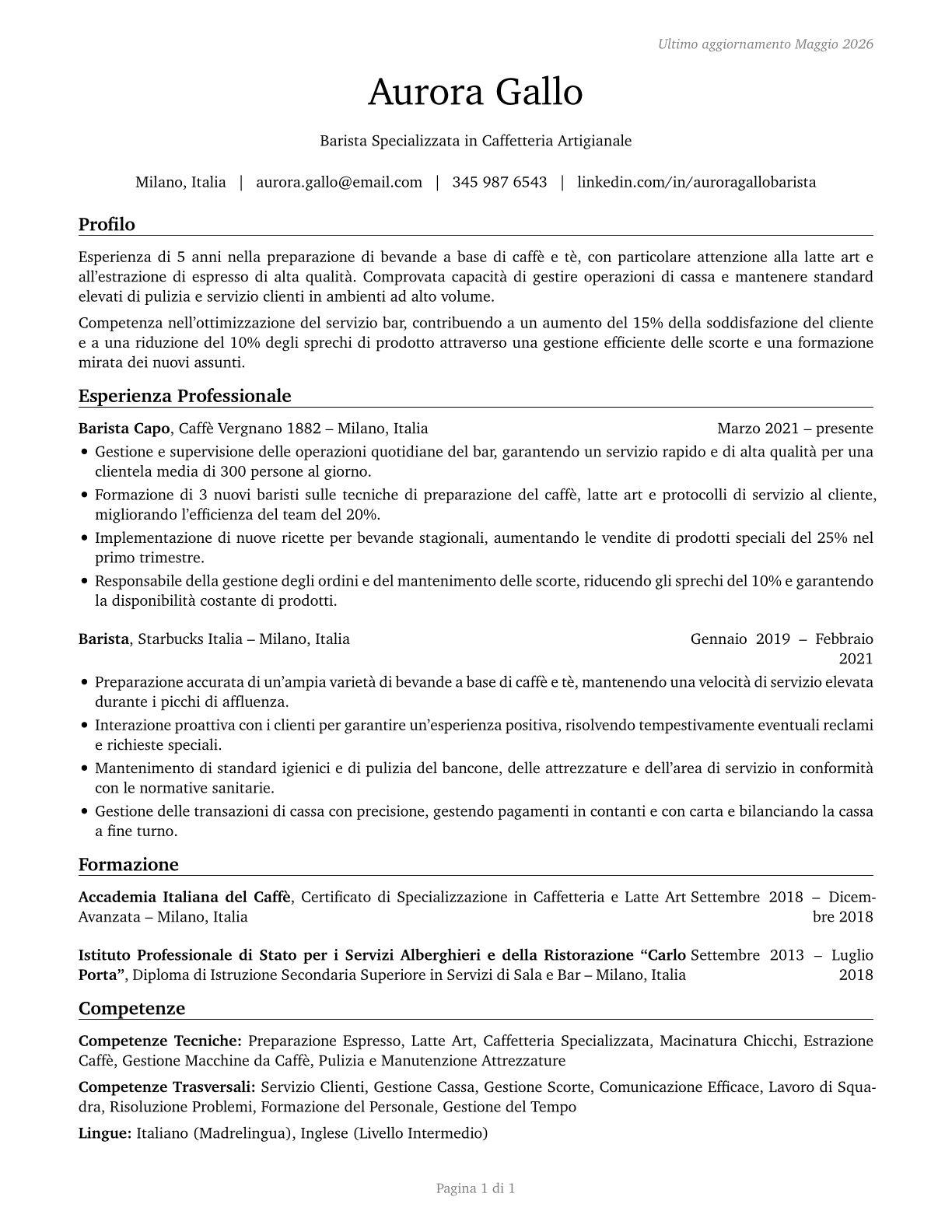 Baristas CV in Italian — page 1