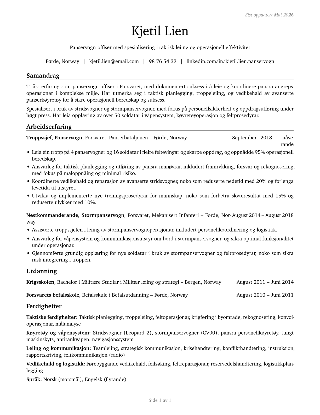 Armored Assault Vehicle Officers CV in Norwegian_nynorsk — page 1