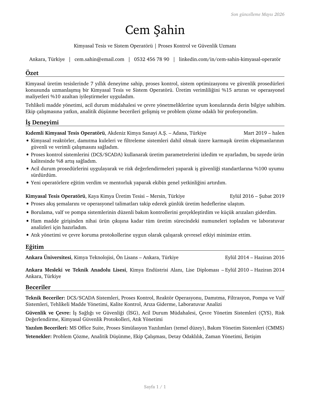 Chemical Plant and System Operators CV in Turkish — page 1