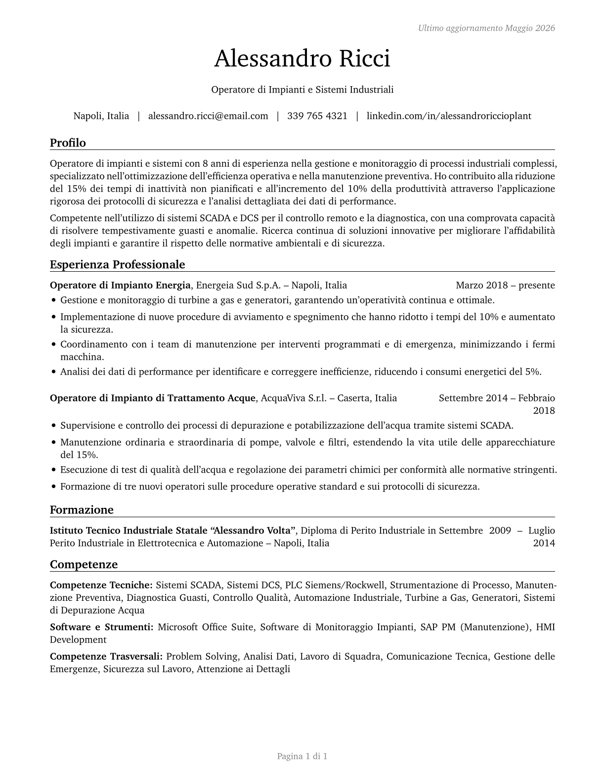 Plant and System Operators, All Other CV in Italian — page 1