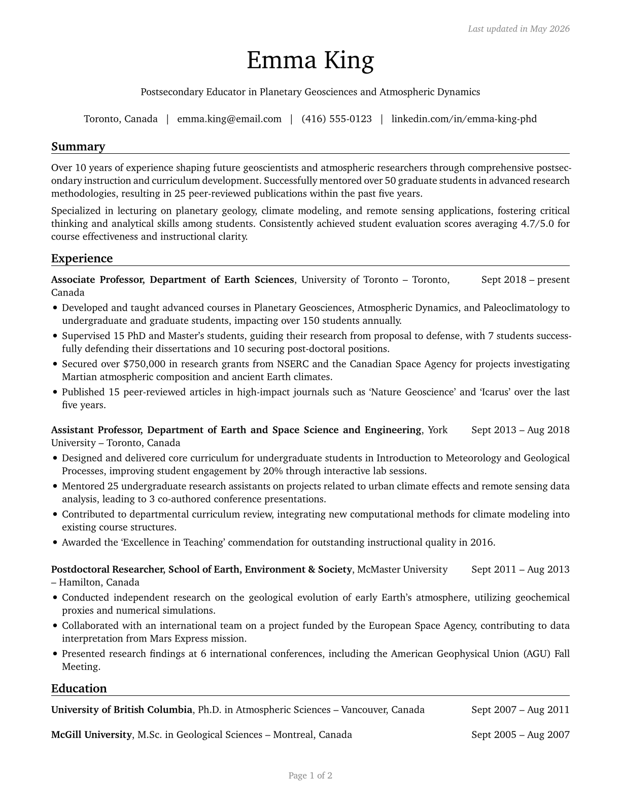Atmospheric, Earth, Marine, and Space Sciences Teachers, Postsecondary CV in English — page 1