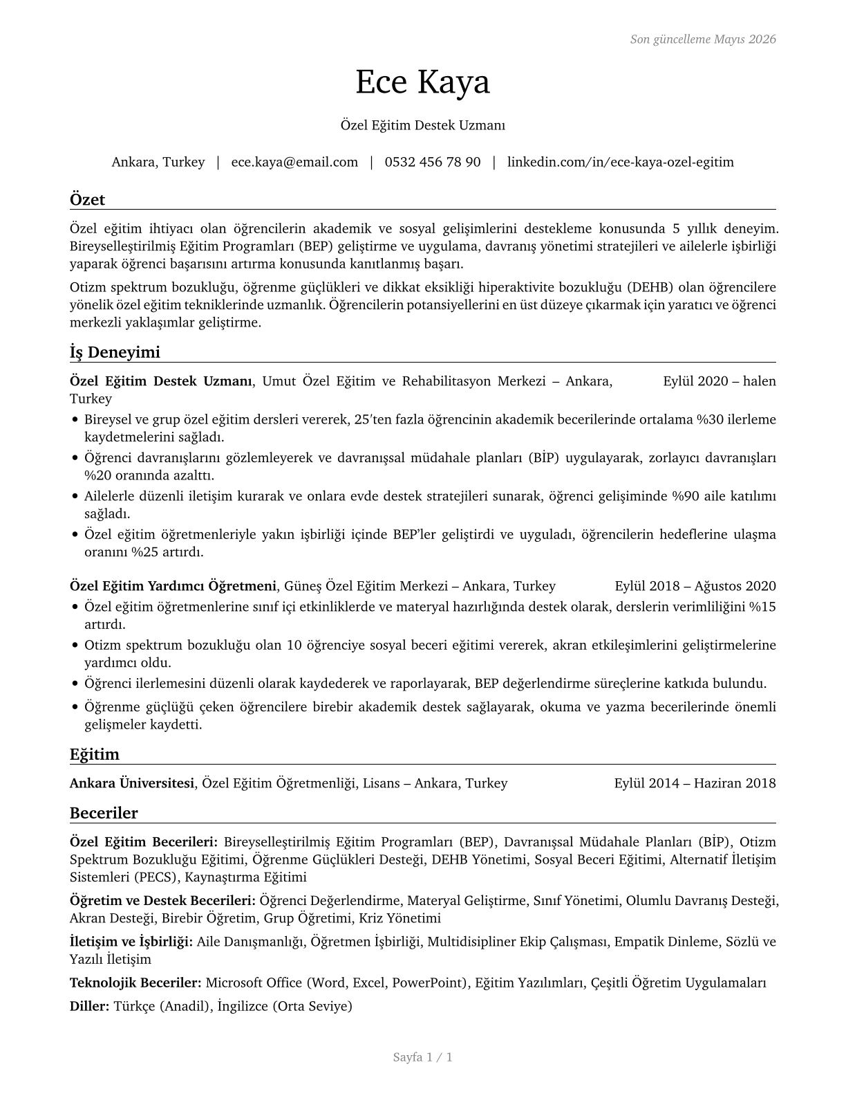 Teaching Assistants, Special Education CV in Turkish — page 1