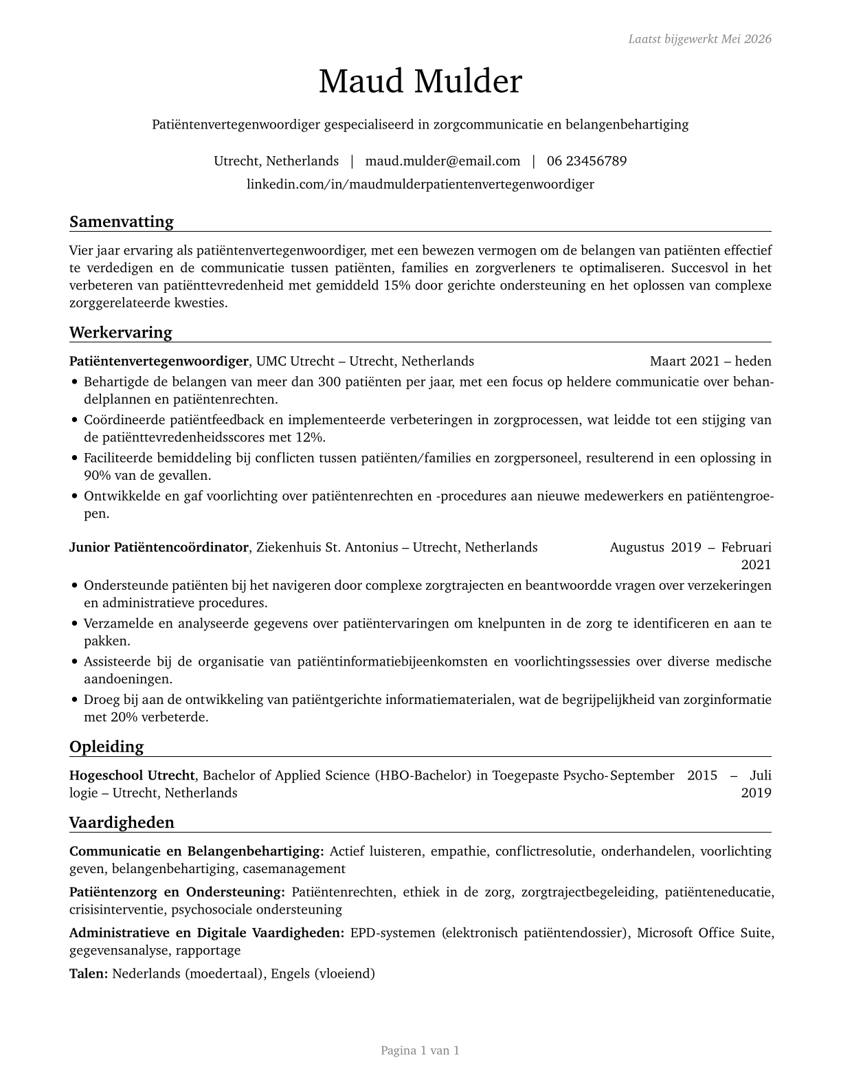 Patient Representatives CV in Dutch — page 1