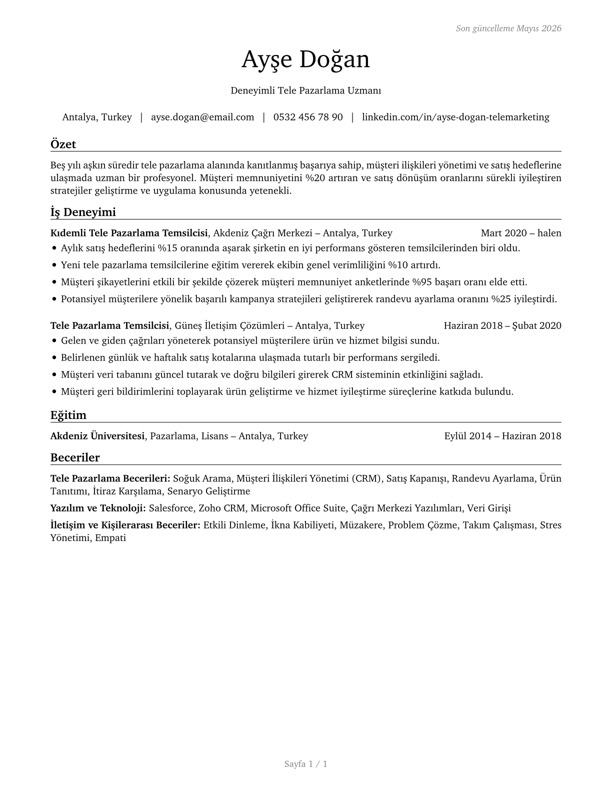 Telemarketers CV in Turkish — page 1