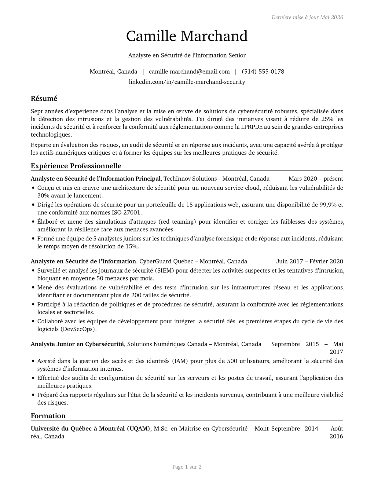 Information Security Analysts CV in French — page 1