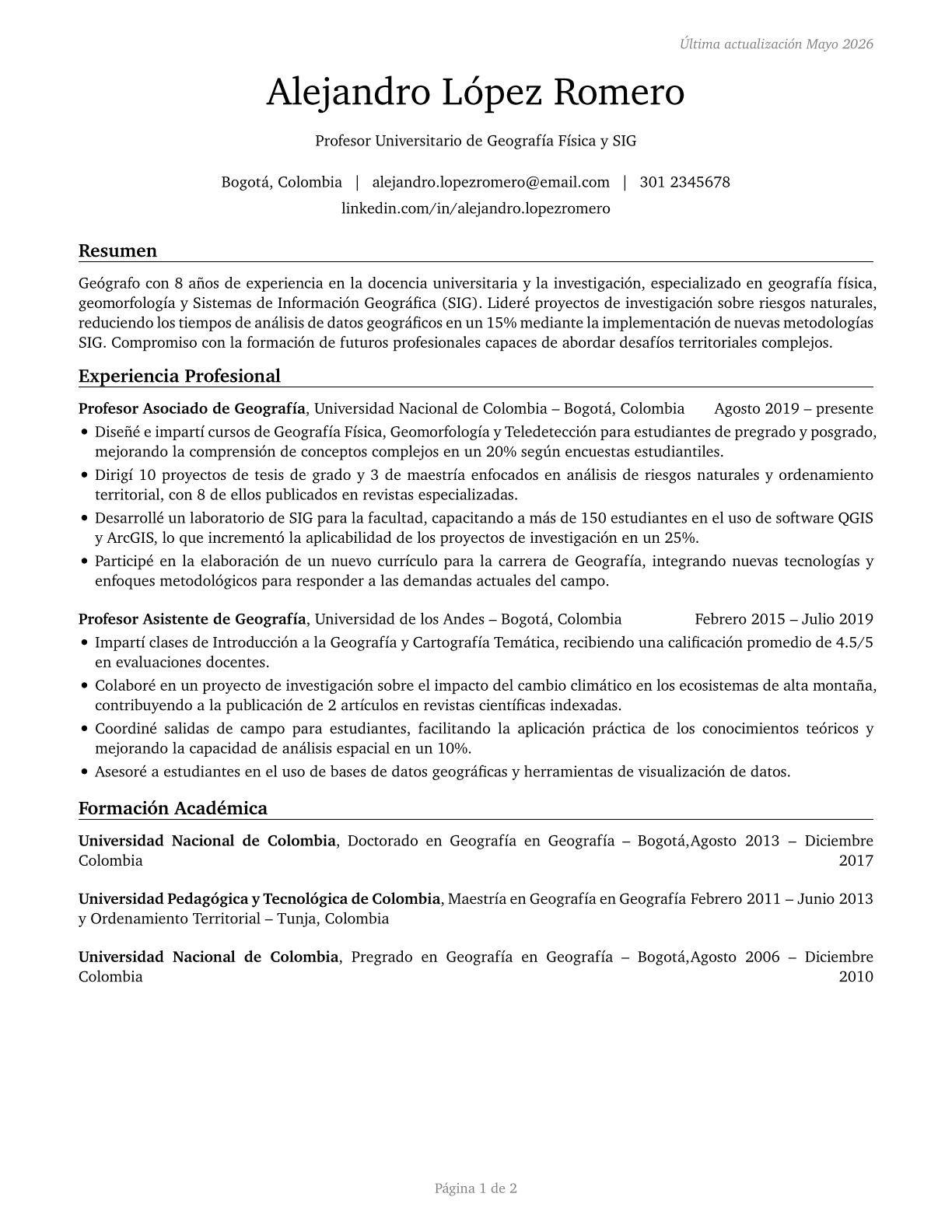 Geography Teachers, Postsecondary CV in Spanish — page 1
