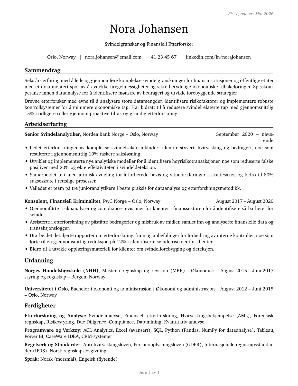Fraud Examiners, Investigators and Analysts CV in Norwegian_bokmal — page 1