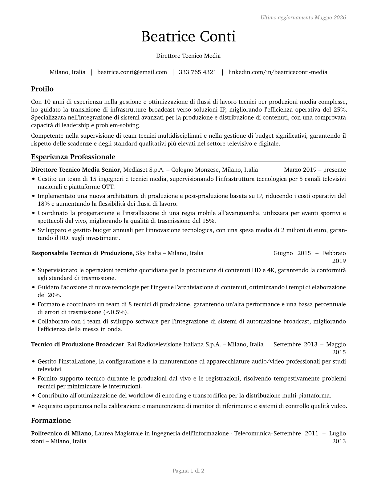 Media Technical Directors/Managers CV in Italian — page 1