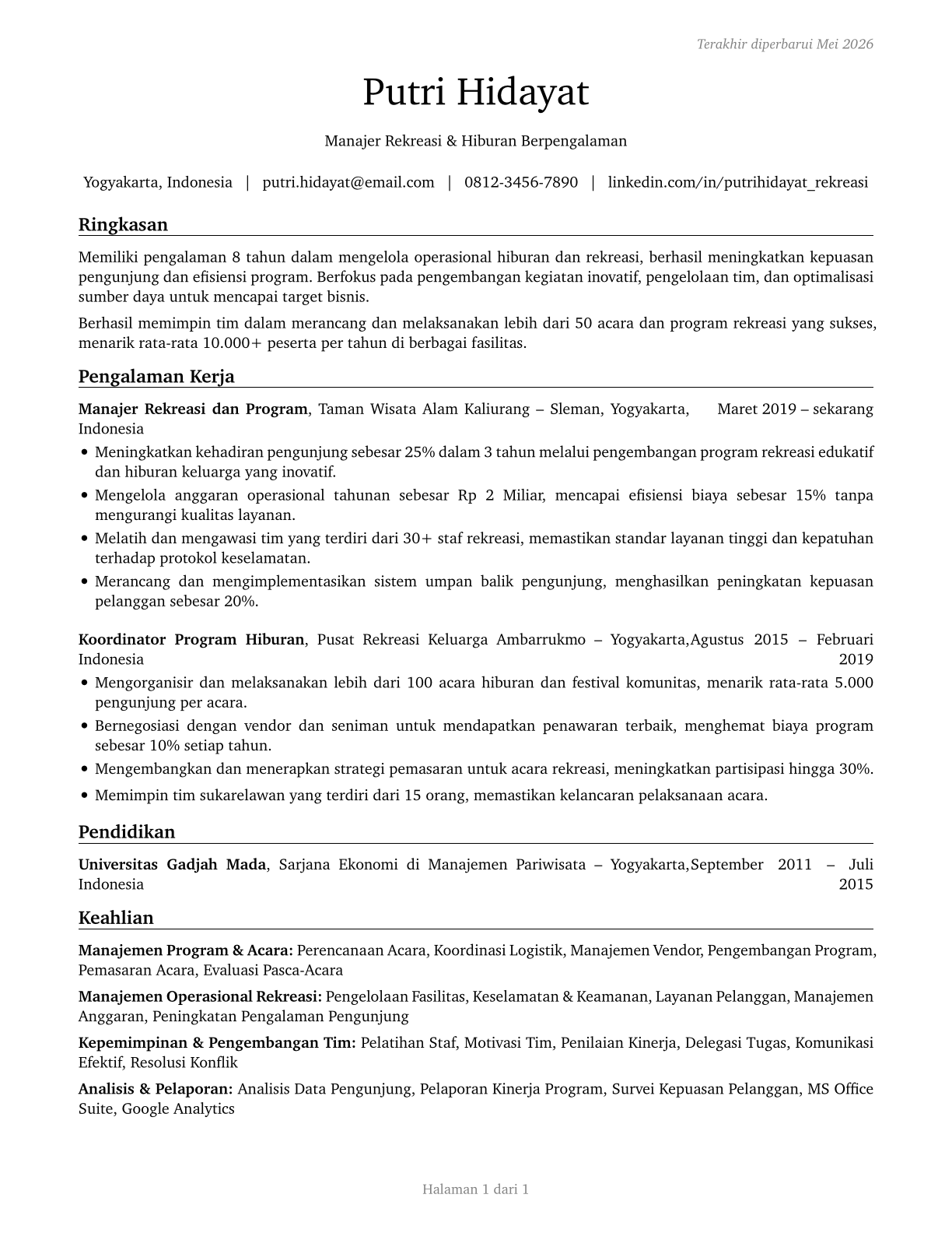 Entertainment and Recreation Managers, Except Gambling CV in Indonesian — page 1