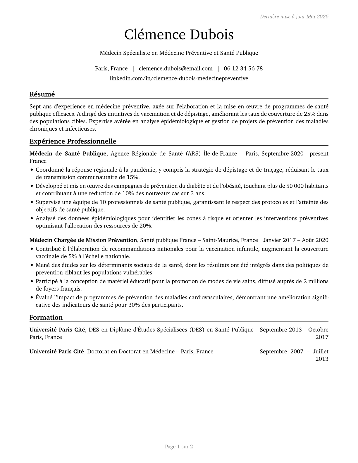 Preventive Medicine Physicians CV in French — page 1