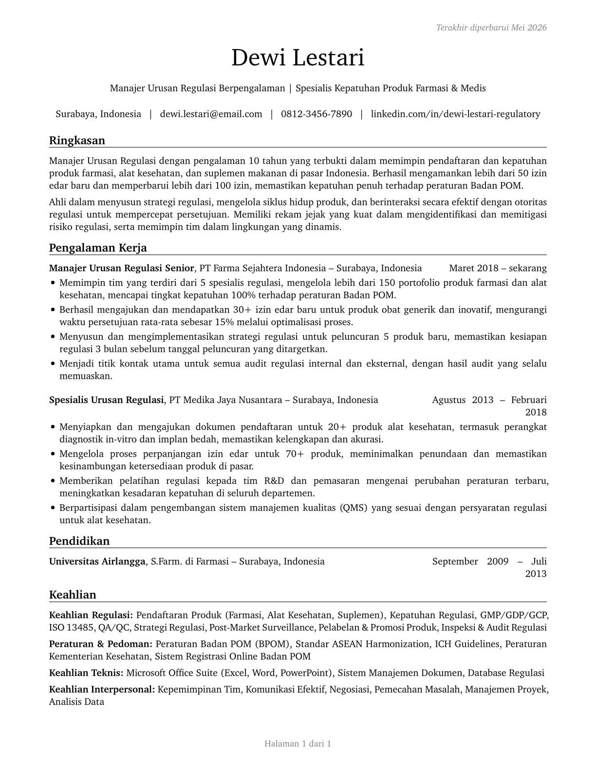 Regulatory Affairs Managers CV in Indonesian — page 1