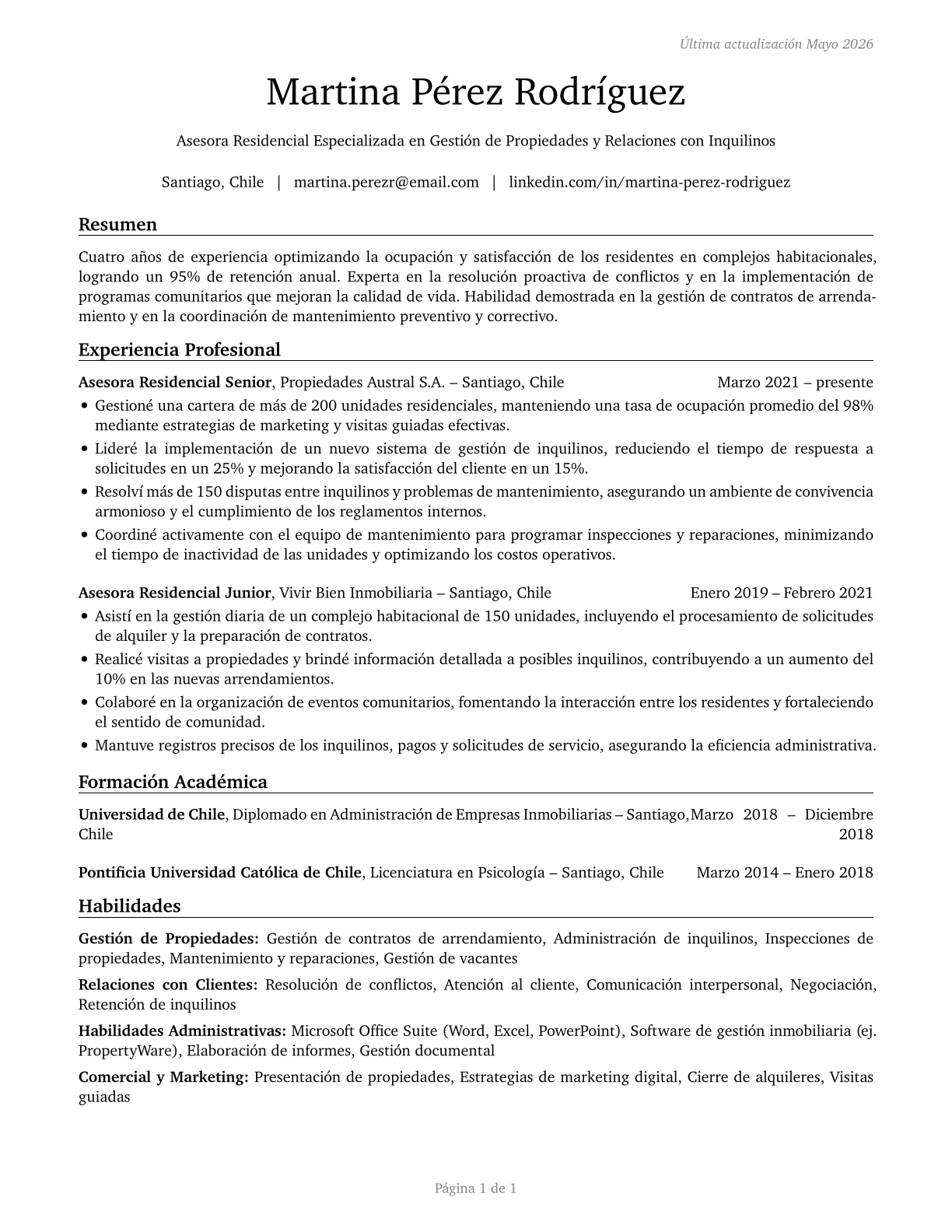 Residential Advisors CV in Spanish — page 1