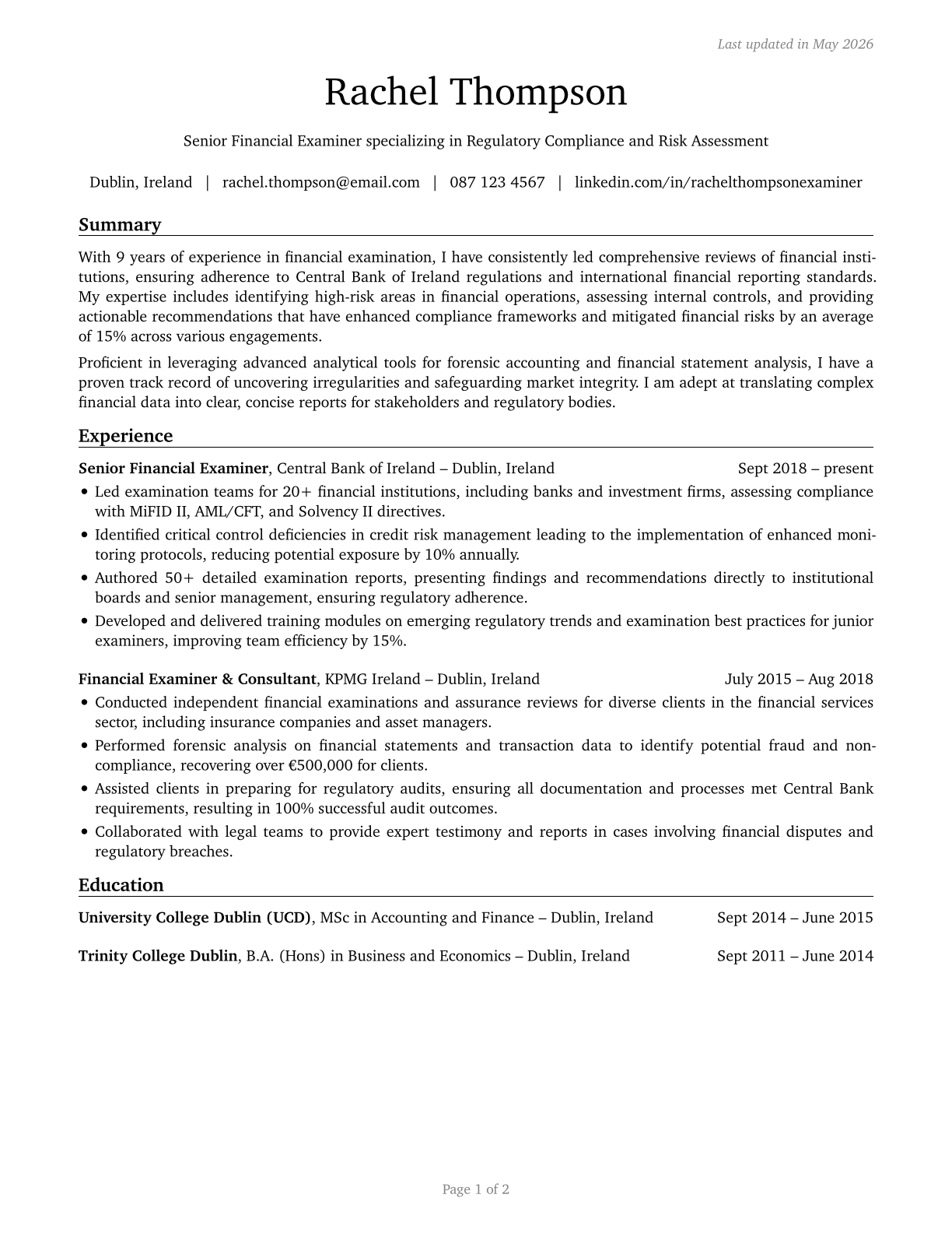 Financial Examiners CV in English — page 1