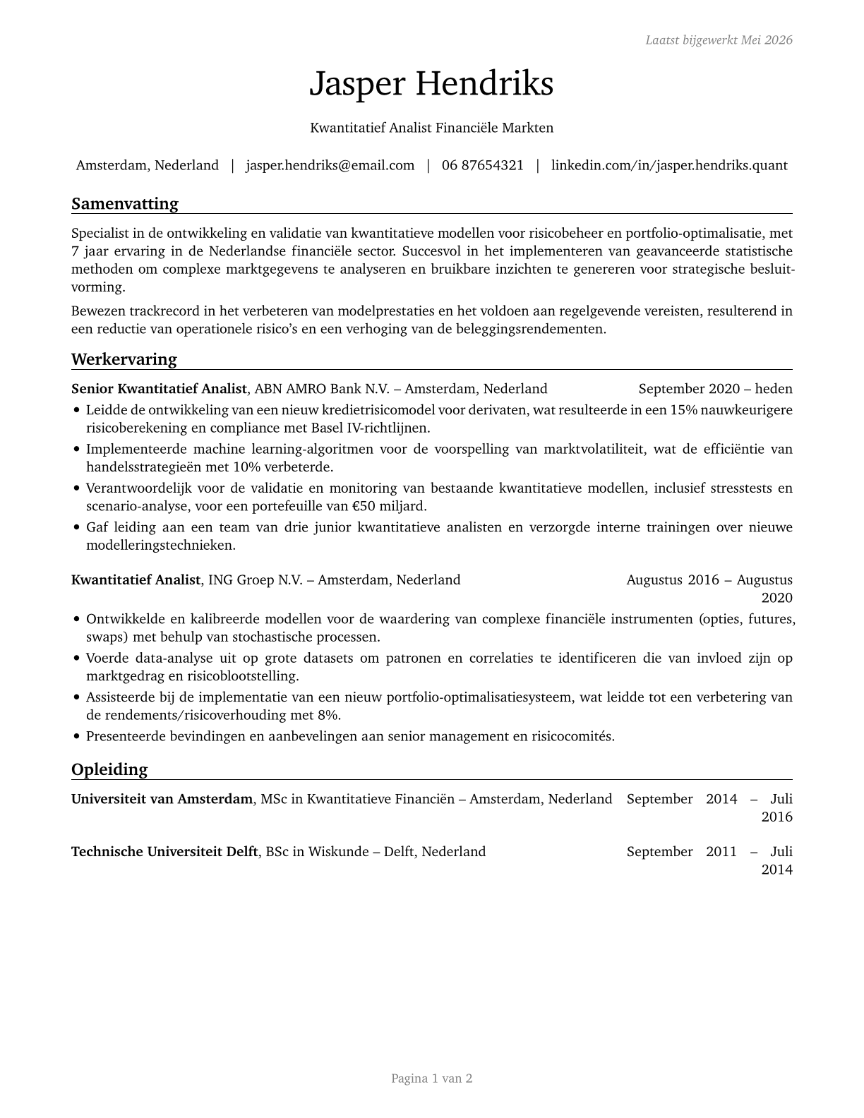 Financial Quantitative Analysts CV in Dutch — page 1