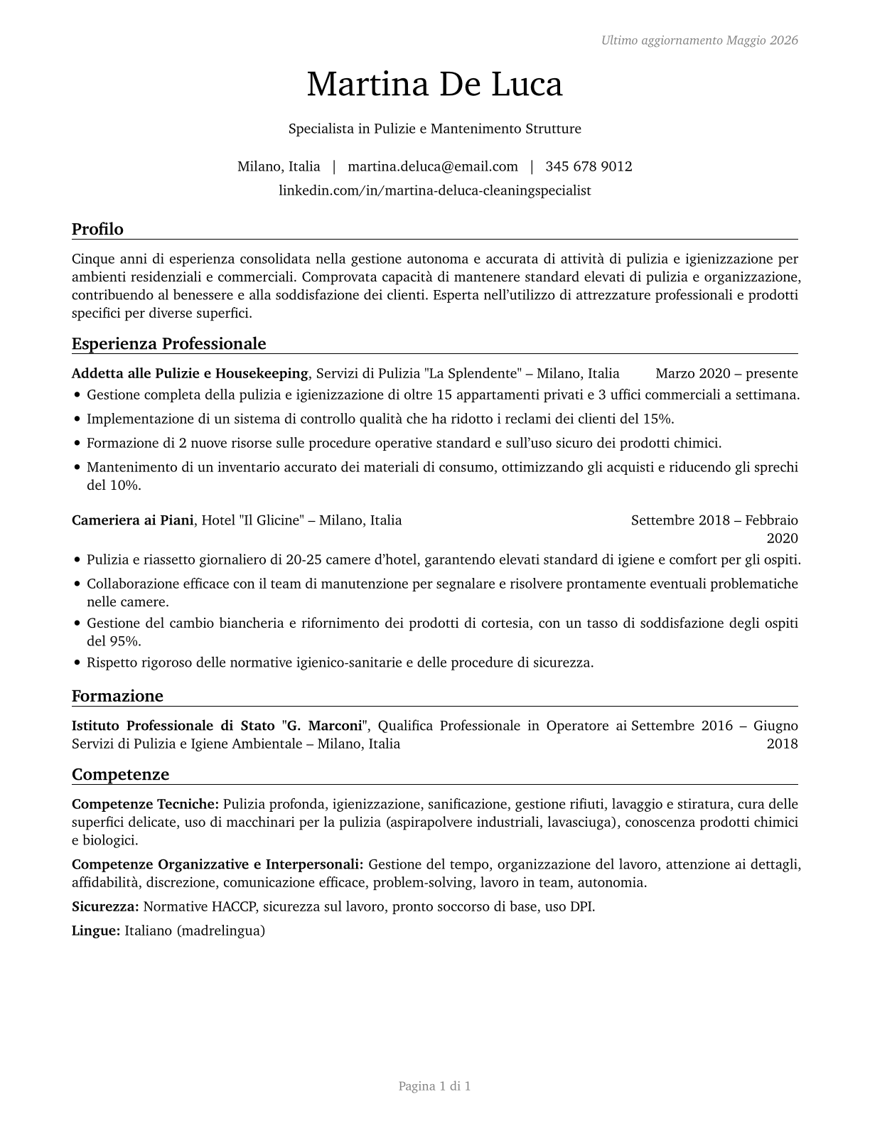 Maids and Housekeeping Cleaners CV in Italian — page 1