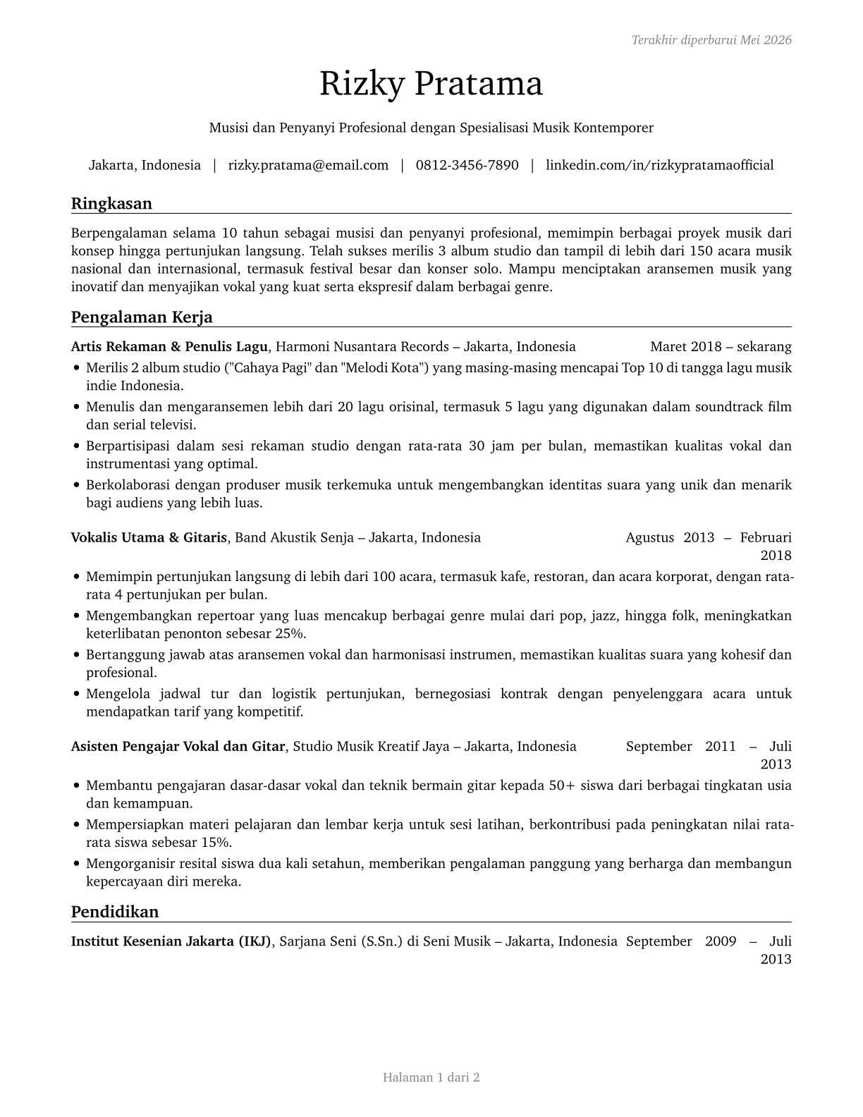 Musicians and Singers CV in Indonesian — page 1