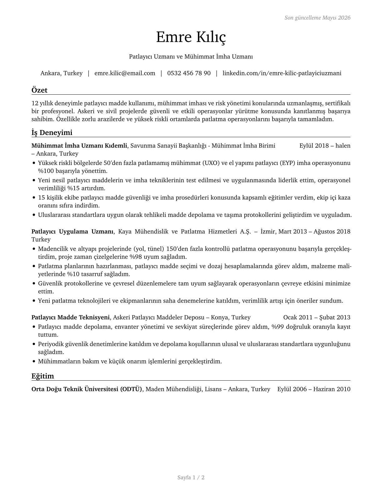Explosives Workers, Ordnance Handling Experts, and Blasters CV in Turkish — page 1