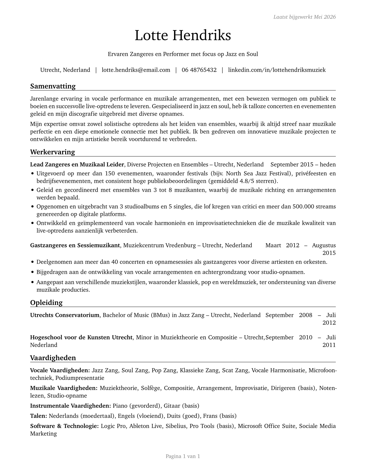 Musicians and Singers CV in Dutch — page 1