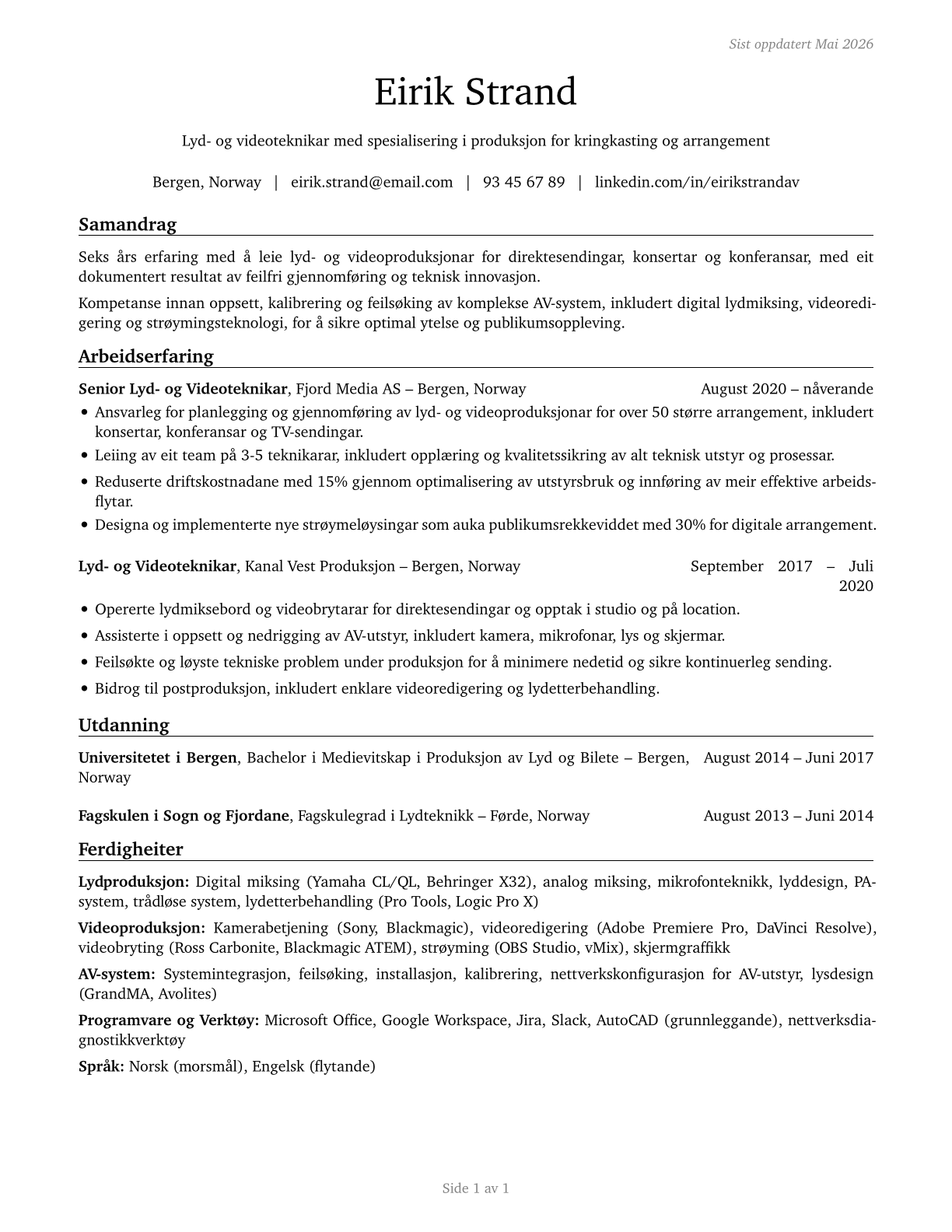 Audio and Video Technicians CV in Norwegian_nynorsk — page 1