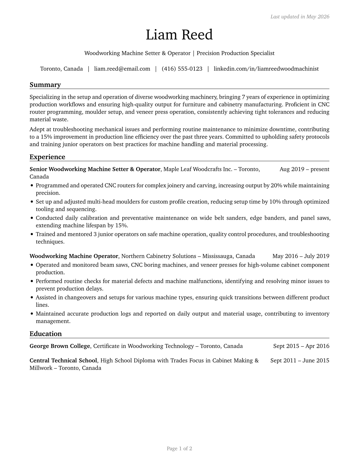 Woodworking Machine Setters, Operators, and Tenders, Except Sawing CV in English — page 1