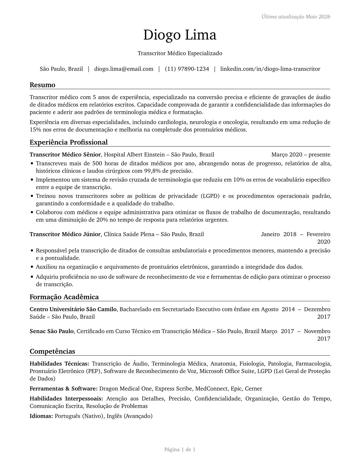 Medical Transcriptionists CV in Portuguese — page 1
