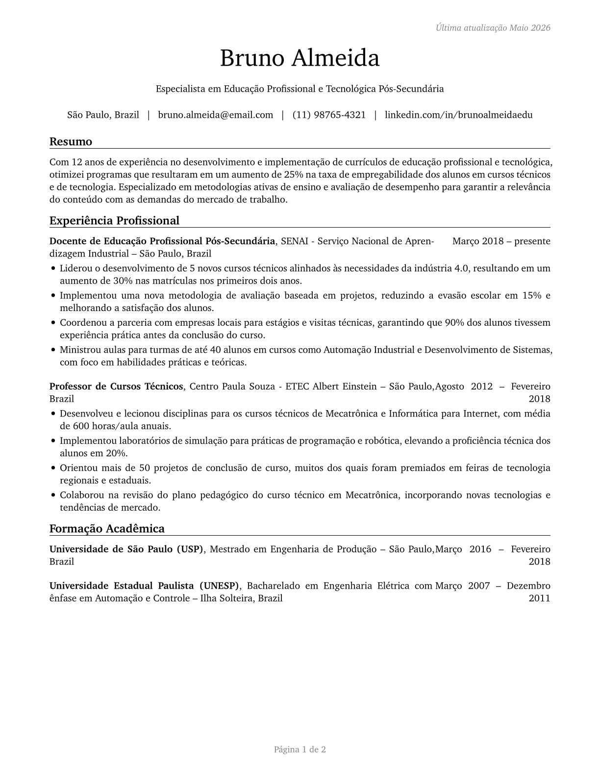 Career/Technical Education Teachers, Postsecondary CV in Portuguese — page 1