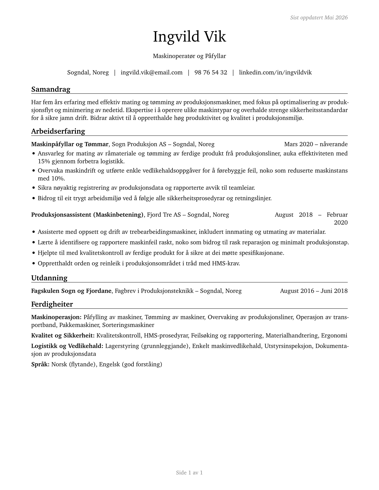 Machine Feeders and Offbearers CV in Norwegian_nynorsk — page 1