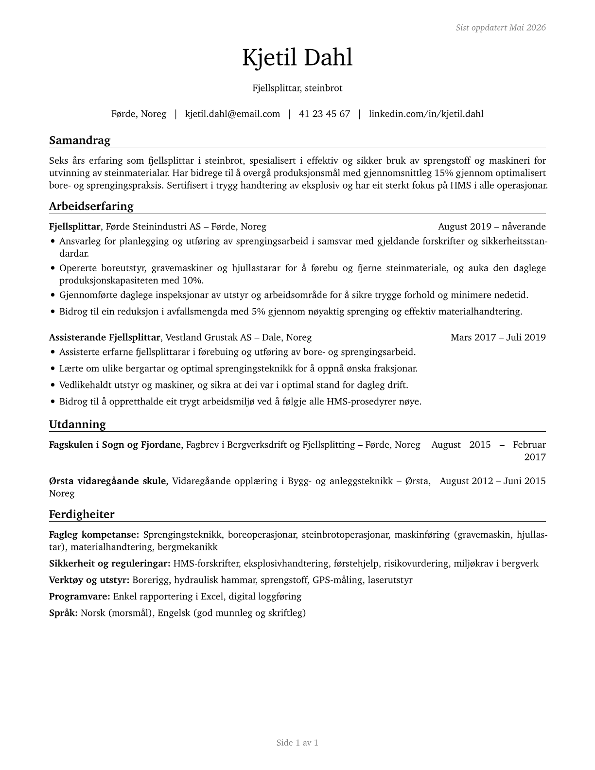 Rock Splitters, Quarry CV in Norwegian_nynorsk — page 1