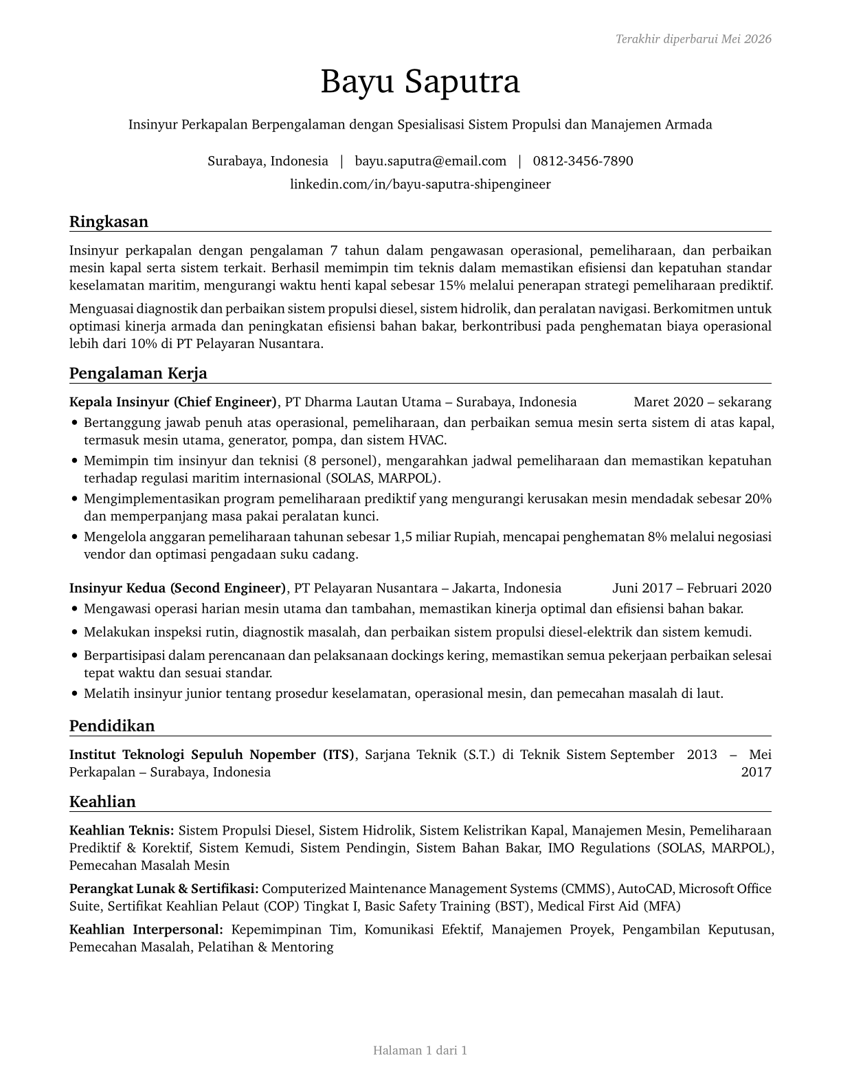 Ship Engineers CV in Indonesian — page 1