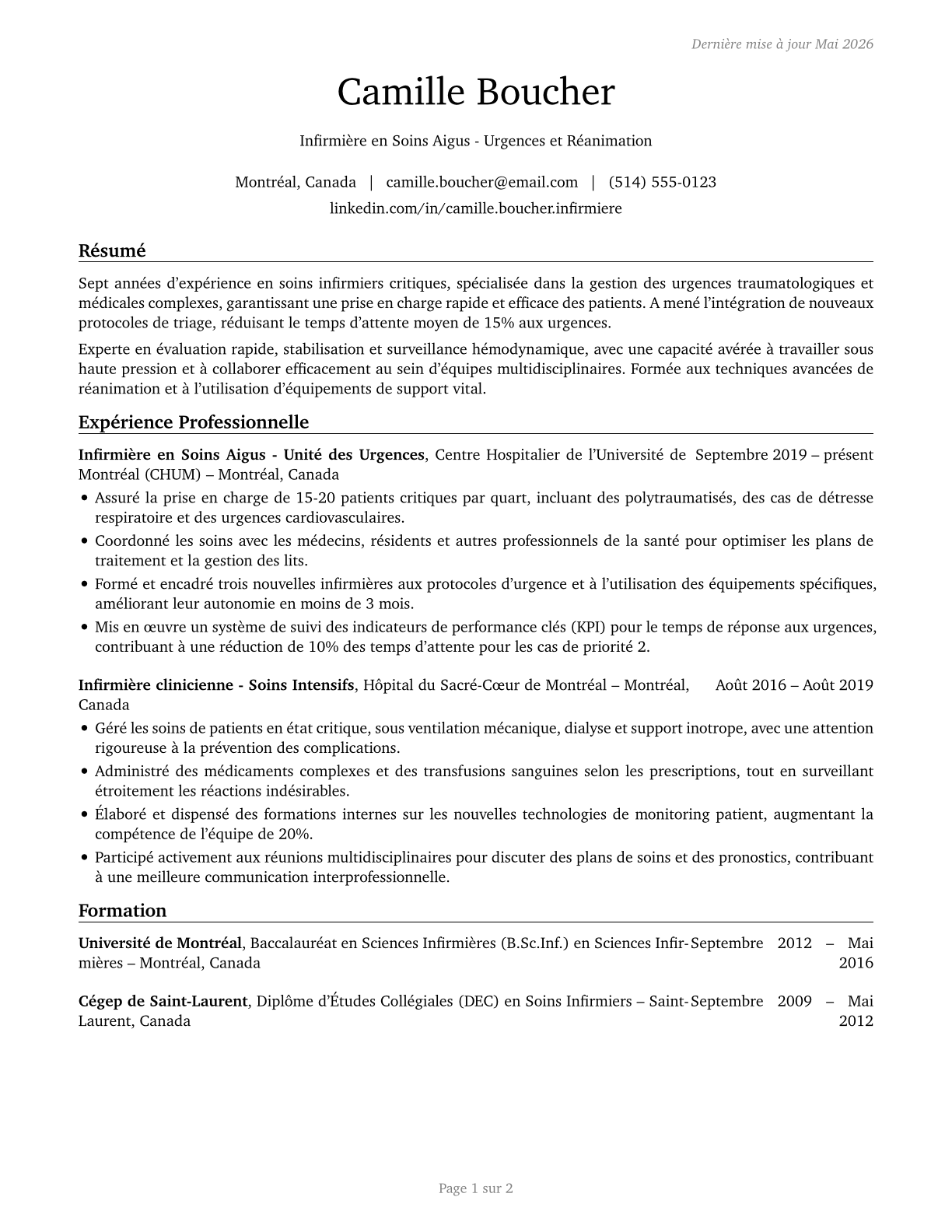 Acute Care Nurses CV in French — page 1