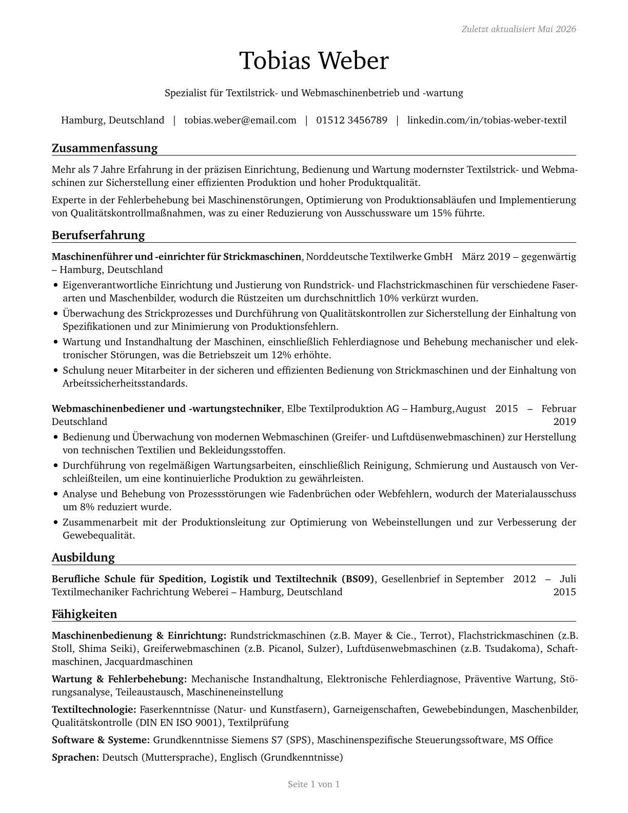 Textile Knitting and Weaving Machine Setters, Operators, and Tenders CV in German — page 1