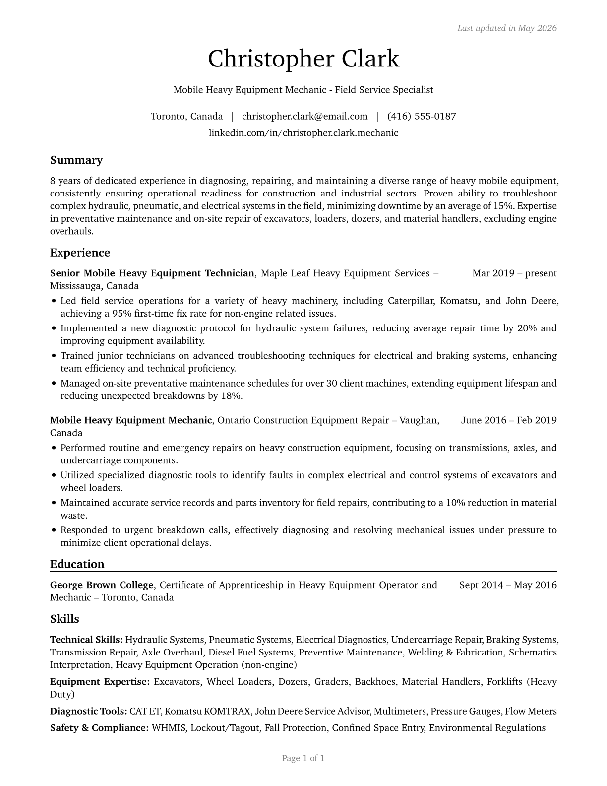 Mobile Heavy Equipment Mechanics, Except Engines CV in English — page 1