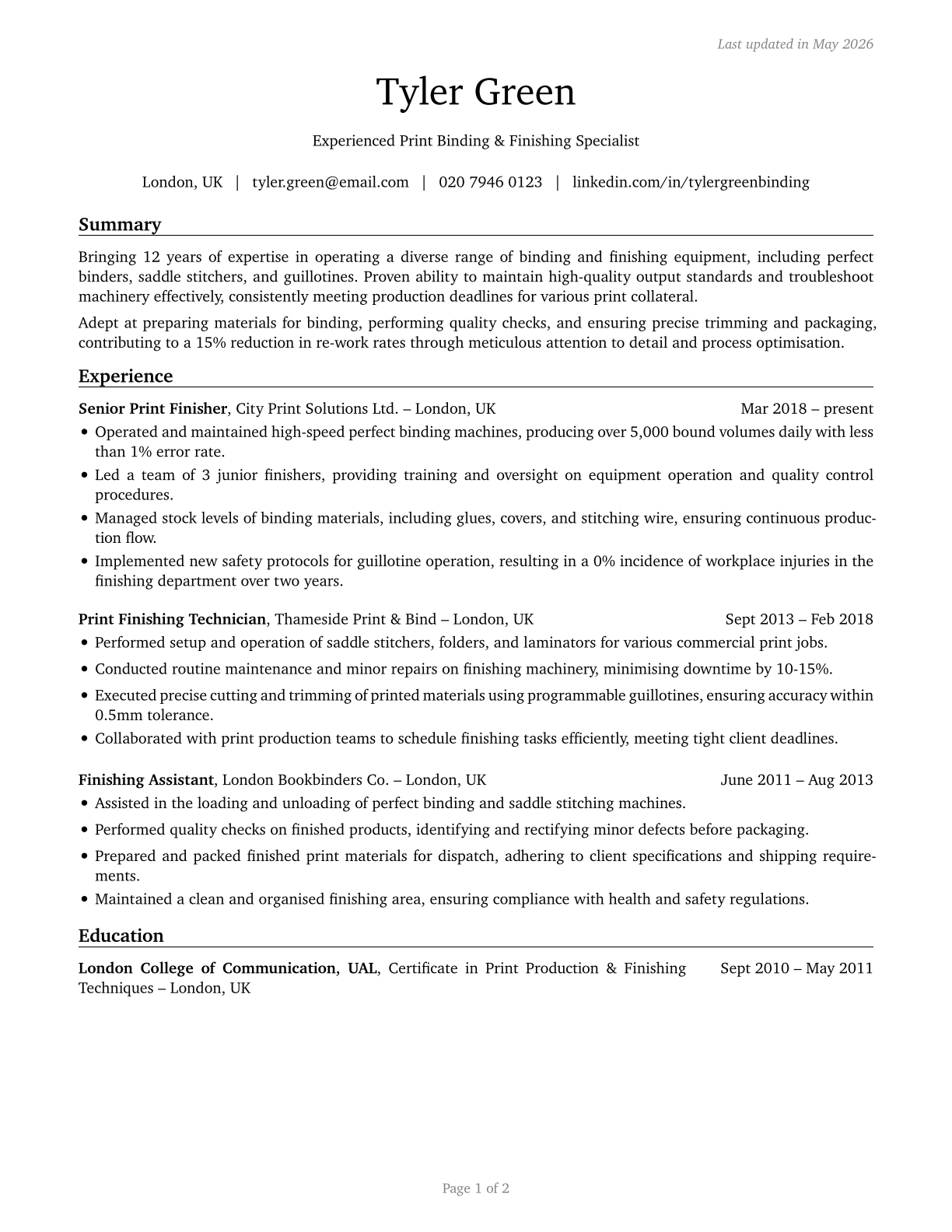 Print Binding and Finishing Workers CV in English — page 1