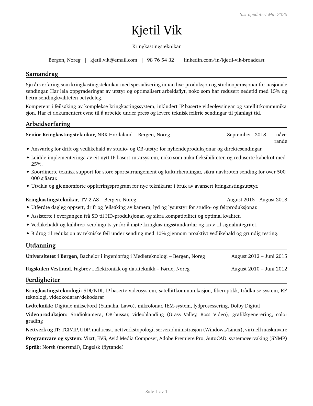 Broadcast Technicians CV in Norwegian_nynorsk — page 1