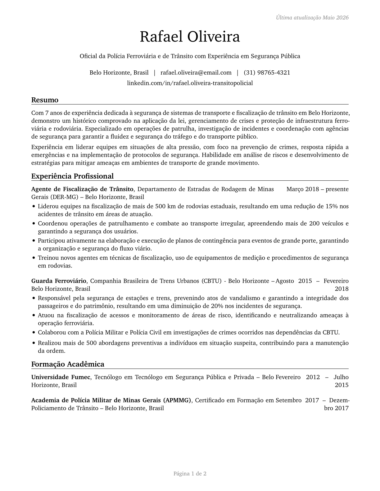 Transit and Railroad Police CV in Portuguese — page 1