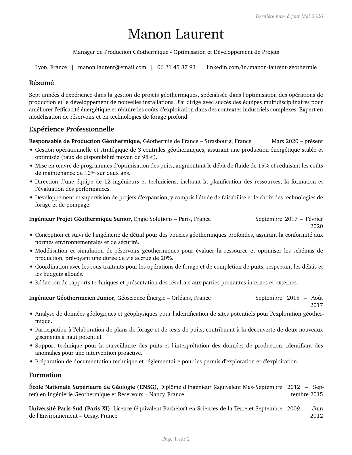 Geothermal Production Managers CV in French — page 1