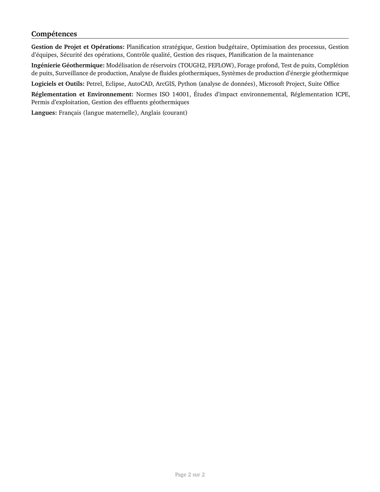 Geothermal Production Managers CV in French — page 2