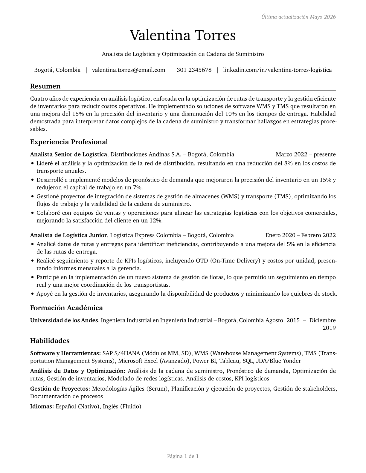 Logistics Analysts CV in Spanish — page 1
