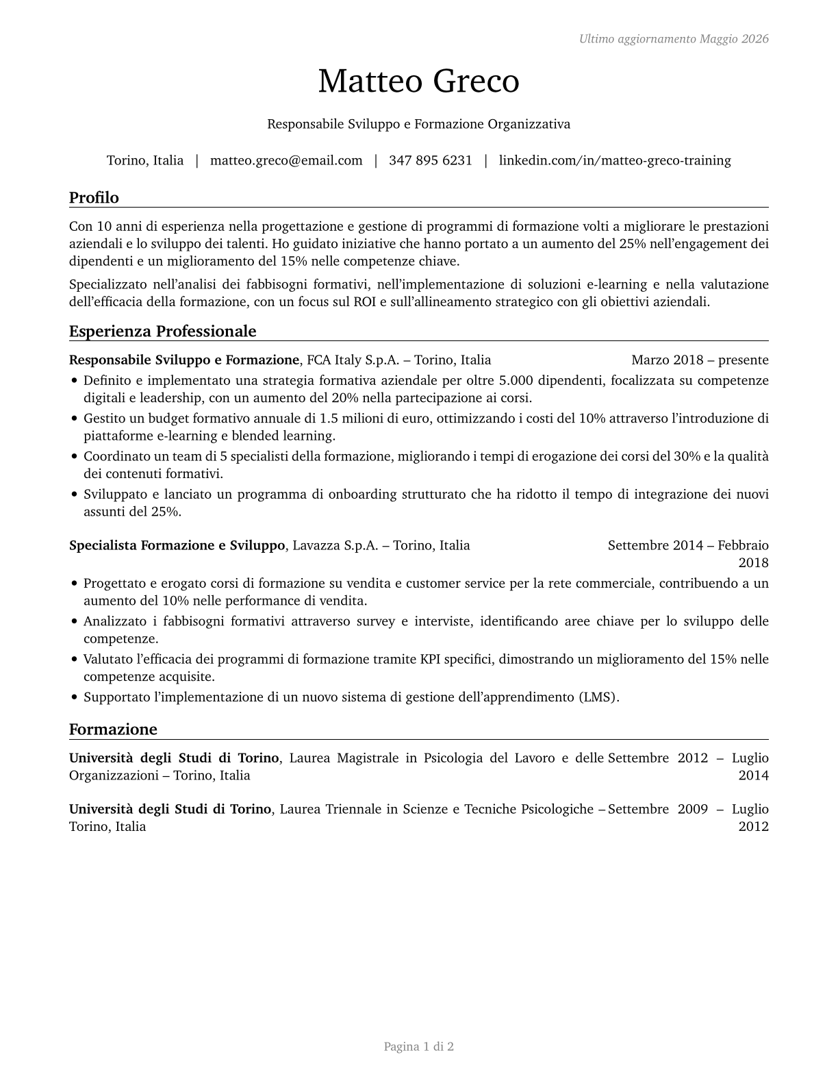 Training and Development Managers CV in Italian — page 1